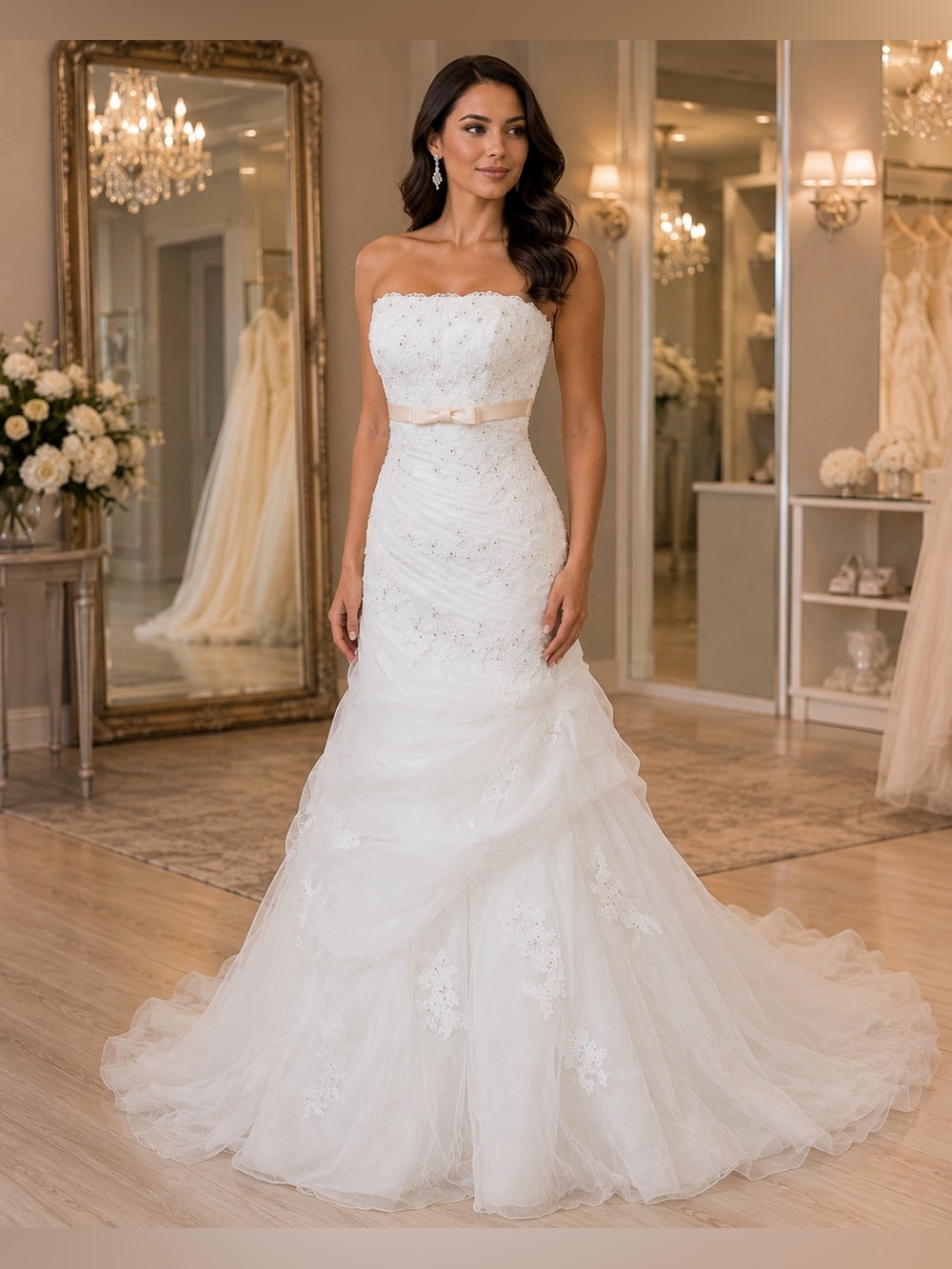 NWT Light Ivory Lace Strapless Wedding Dress Size 2 Satin Bridal Gown